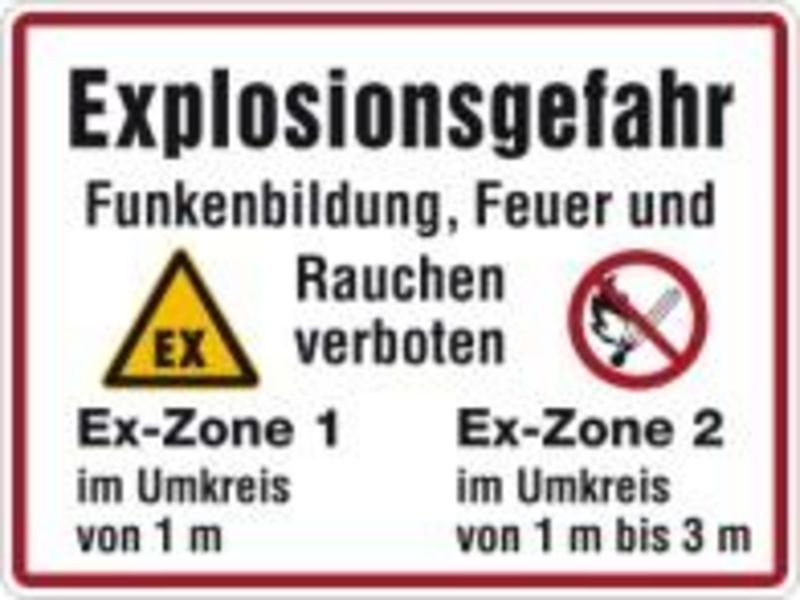 Panneau d'avertissement « Zone Ex 1 rayon 1 m / zone Ex 2 rayon 1 à 3 m » BIOGASKONTOR avec support sur pied
